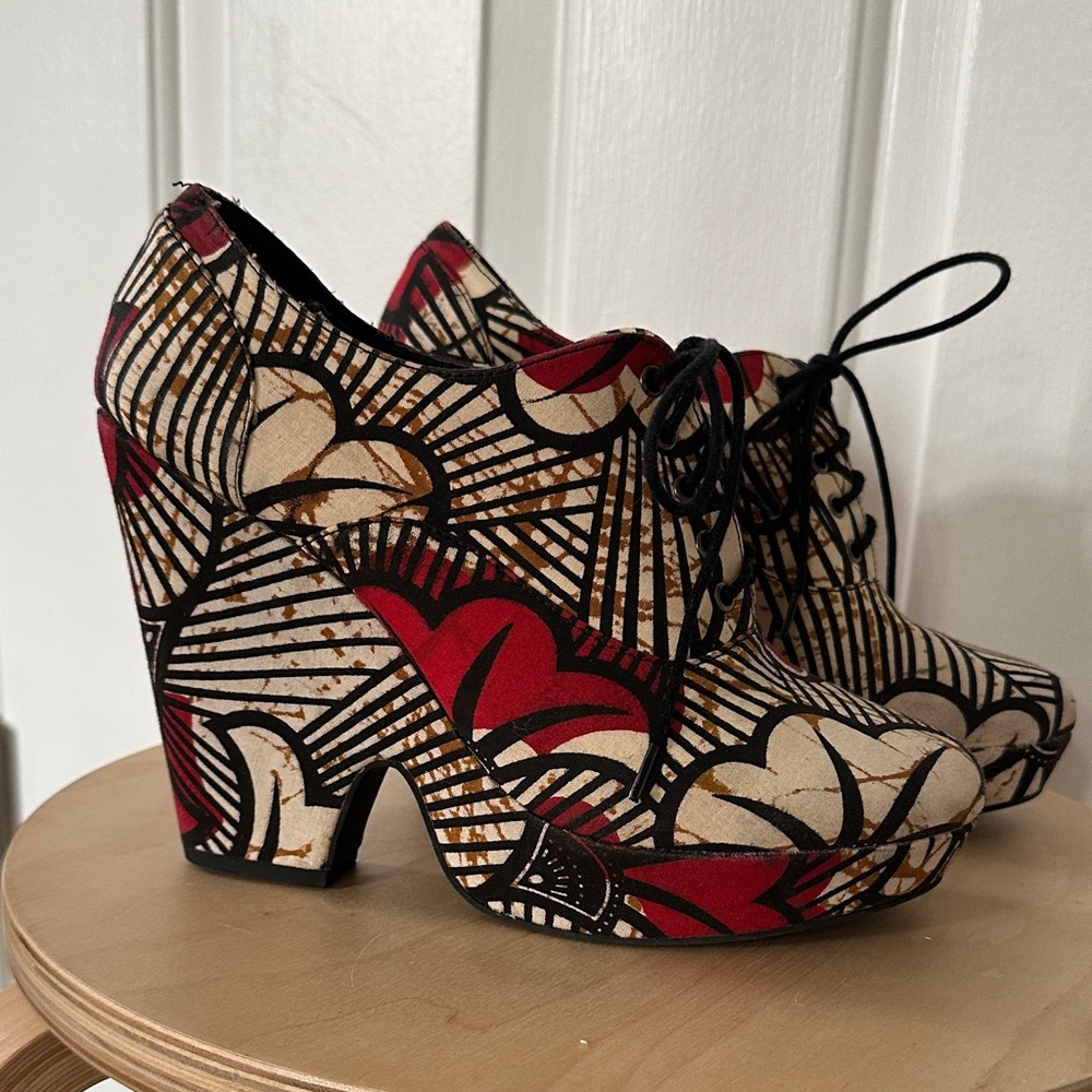 Ecote Red and Cream Patterned Platform Wedges